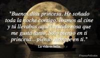 Buenos das princesa. He soado toda la noche contigo. bamos al cine y t llevabas aquel vestido rosa que me gusta tanto. Solo pienso en ti princesa... pienso siempre en ti.
